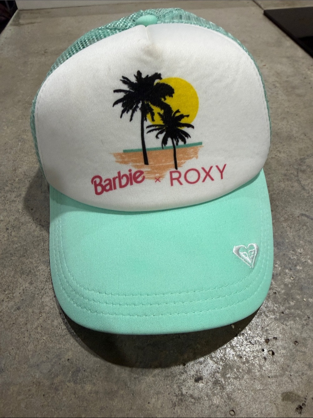 Roxy Barbie Mint Green White Trucker Hat with Palm Sunset Graphic
